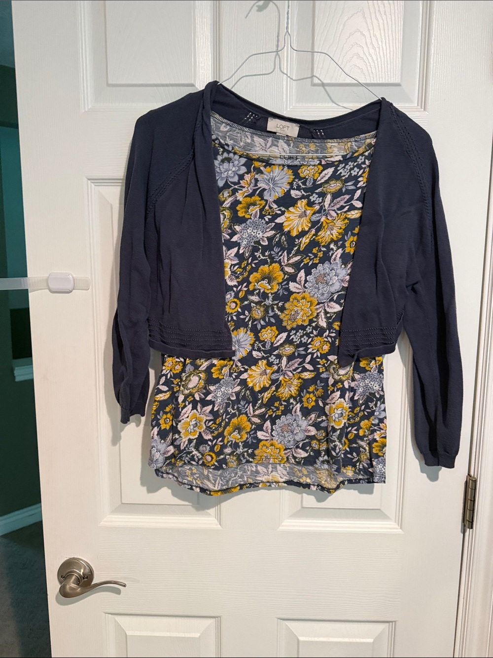 LOFT Navy Floral Layered Tee with Navy Cropped Cardigan